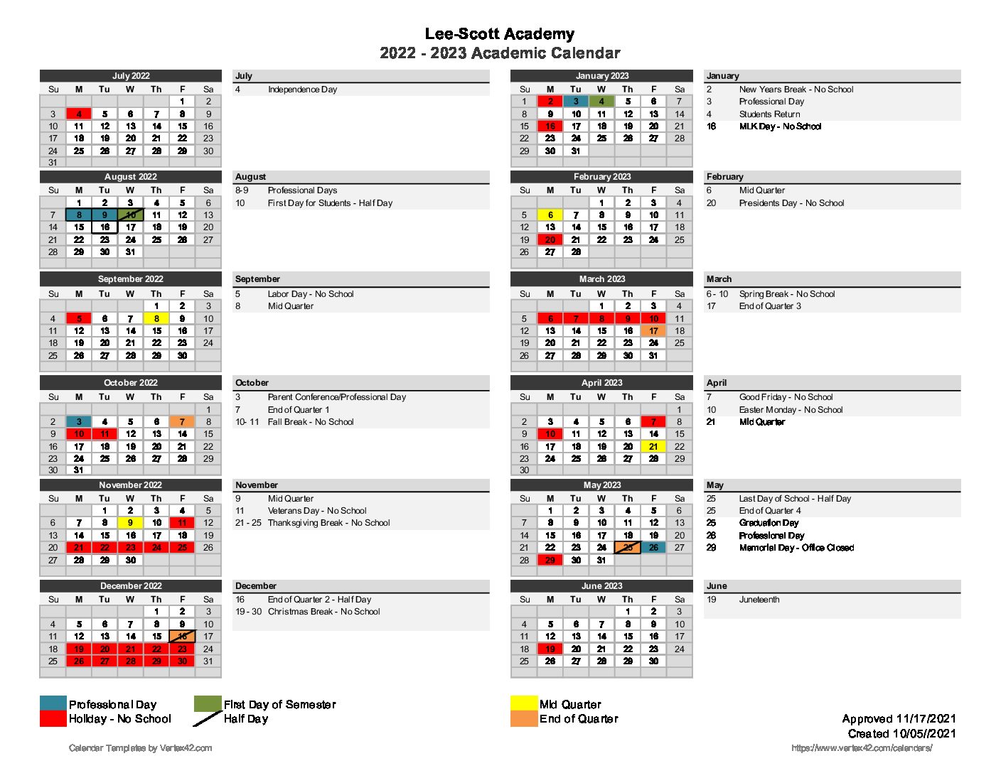 Academic Calendar – Lee-Scott Academy